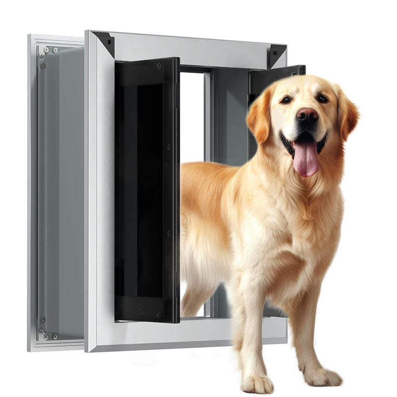 HIDROSIL Exterior Dog Door for Wall Heavy Duty Aluminium Frame Pet Door with Two Sliding Locking Panels Magnetic Flap Design Suitable for Large Dogs Up to 120 lbs LargeSliver
