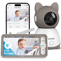 Dash Dock Essential:  ieGeek Baby Monitor with 2K Camera and Audio - Video Monitor with 5" Screen - Night Vision Two-Way Talk Cry & Motion Detection Temper& Humidity Sensor PTZ Remote Control via Screen and Free APP