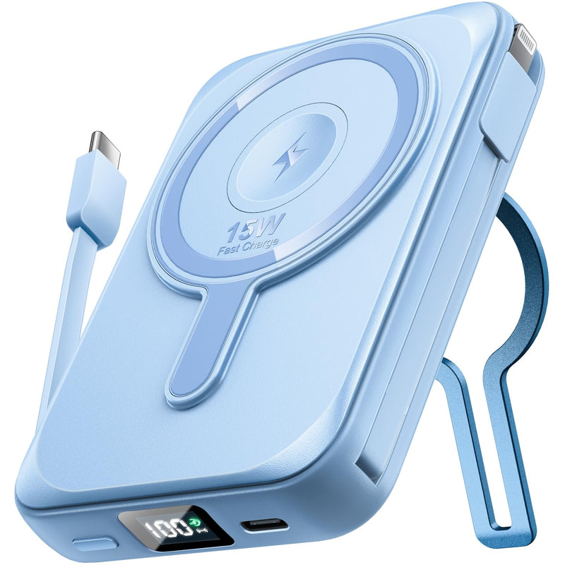 Drmpry Magnetic Portable Charger 10000mAh Wireless Power Bank with Stand 22.5W Fast Charging Battery Pack with Built in Cables Compatible with iPhone 16 15 14 13 12 Samsung S22 S21 Google iPad Blue