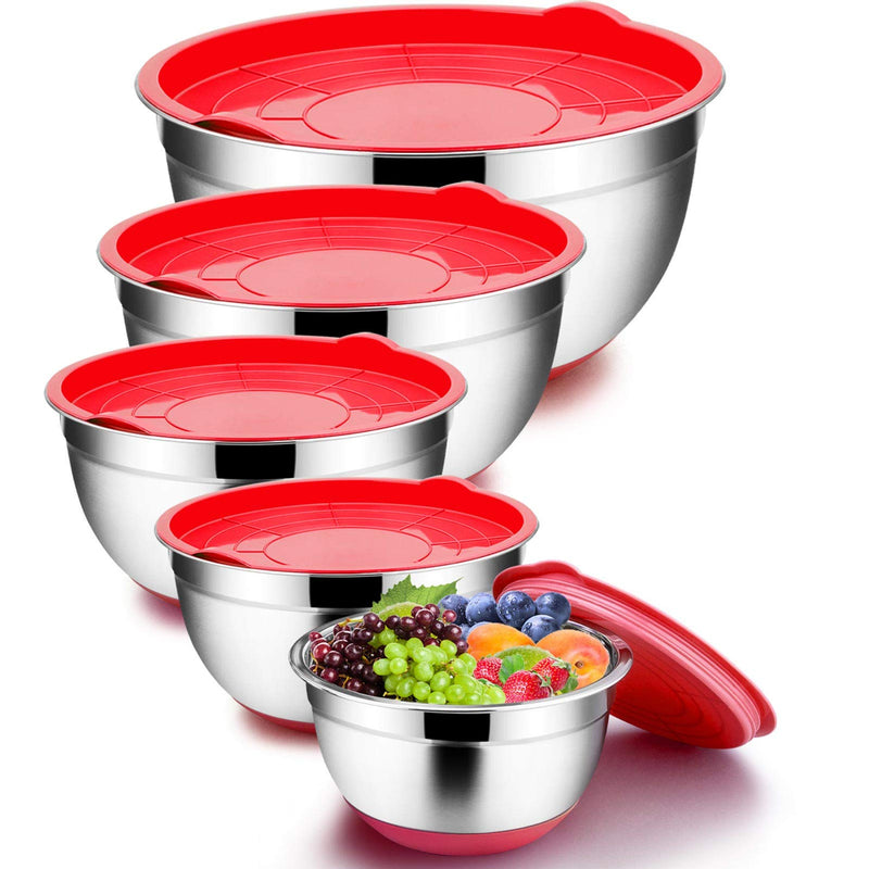 TeamFar Mixing Bowls with Lids Set 7/3.5/2.5/1.5/1 QT Stainless Steel Large Red Nesting Metal Salad Mixing Bowl Set of 5 Healthy & Easy Clean Airtight Lid & Non-slip Bottom