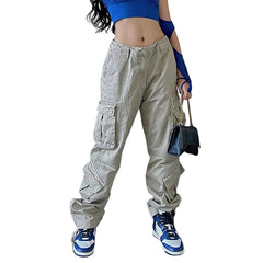 High Rise Baggy Cargo Jeans - Light Grey