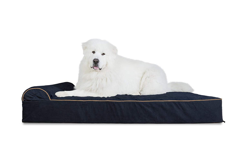 Furhaven Orthopedic Dog Bed for Extra Large Dogs w/ Bonus Water-Resistant Liner & Removable Washable Cover For Dogs Up to 300 lbs - Goliath Quilted Faux Fur & Velvet Bolster Chaise - Dark Blue 4XL