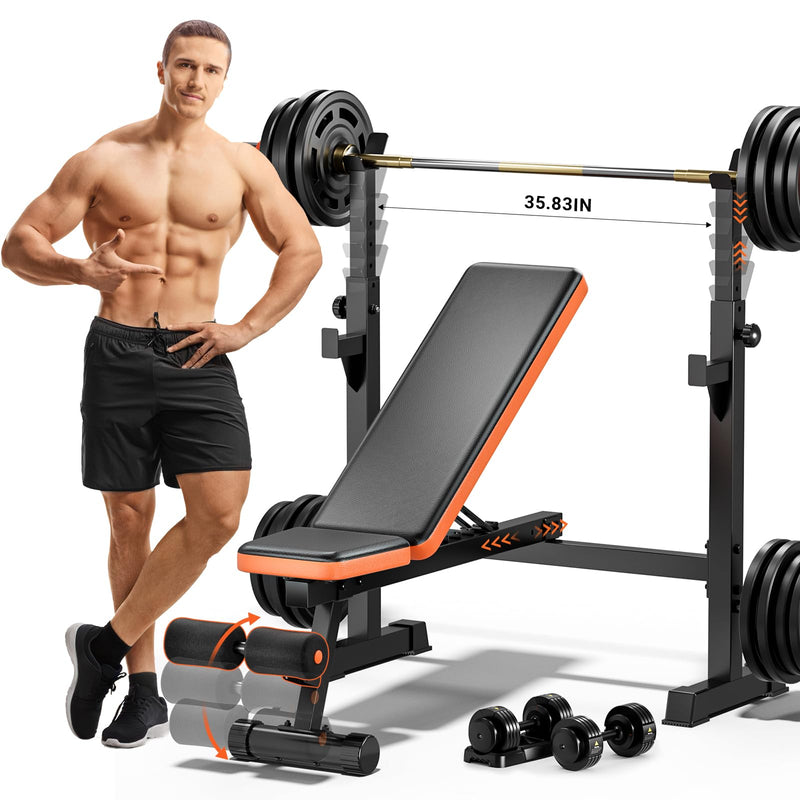 Dash Dock Elite: Fostoy 770lbs Weight Bench Bench Press Rack with Squat Rack Adjustable Workout Bench for Home Gym Olympic Weight Benches with Removable Foot Catch Full Body Incline Bench for Weight Lifting