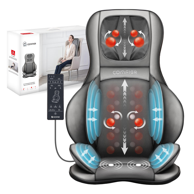 COMFIER Massager Chair with Heat Shiatsu Neck Back Massager Portable with Compress & RollingMassage Chair Pad for Full Back Neck & ShouldersFull Body Pain Gray