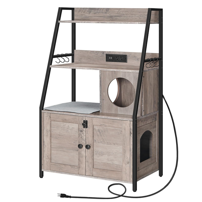 HOOBRO Litter Box Enclosure with 2 Storage Shelves Tall Cat Litter Box Furniture Hidden with Charging Station Indoor Cat Furniture with Cat House and Plush Mat Greige BG70UMW01