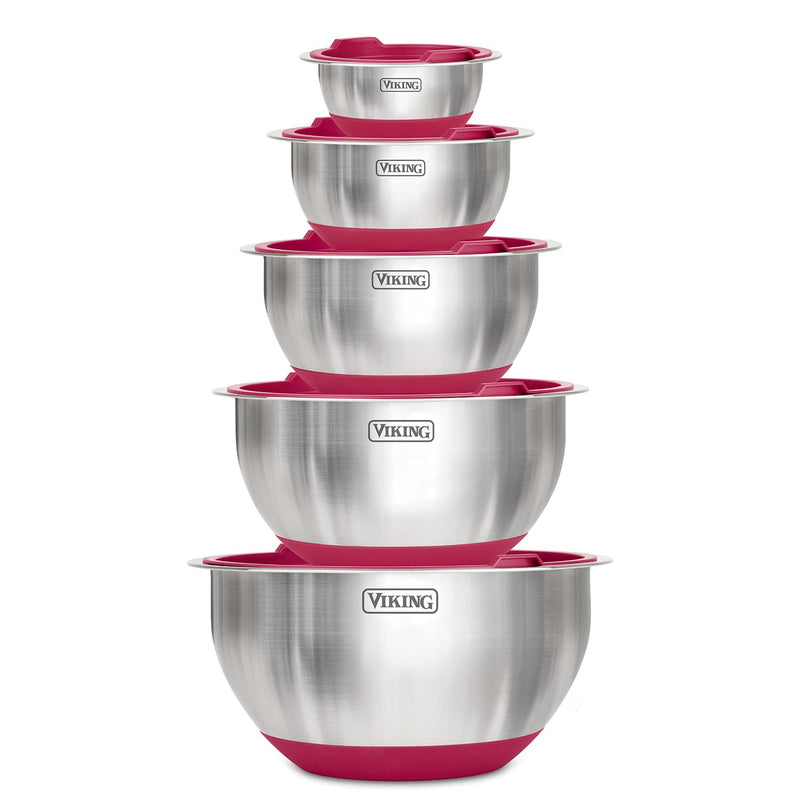 Dash Dock Essential:  Viking Culinary Stainless Steel Mixing Bowl Set 10 piece Non-slip Silicone Base Includes Airtight Lids Dishwasher Safe Red