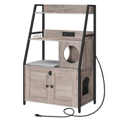 HOOBRO Litter Box Enclosure with 2 Storage Shelves Tall Cat Litter Box Furniture Hidden with Charging Station Indoor Cat Furniture with Cat House and Plush Mat Greige BG70UMW01