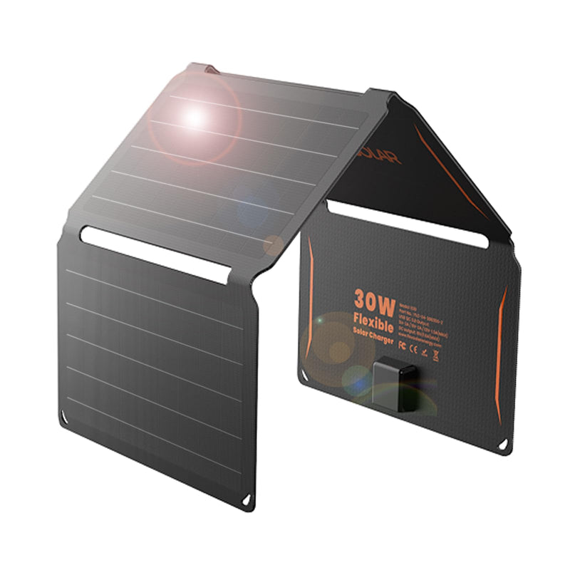 Dash Dock Essential: FlexSolar 30W Portable Solar Panel Chargers QC3.0 18W USB-A USB-C Output Foldable Small Power Emergency ETFE Panels IP67 Waterproof Camping Backpacking Hiking for Cell Phone Power Banks Flashlight